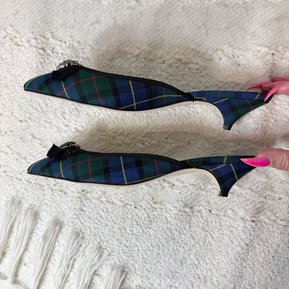 J.Crew blue plaid pointed toe rhinestone kitten heel mules - size 8 1/2 NWOT - Picture 3 of 7